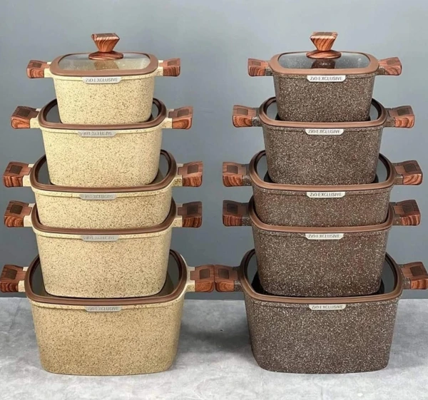 سرویس قابلمه زیو مربع 10 پارچه ZIO ZCS-8300 S32 گرانیت دسته چوبی